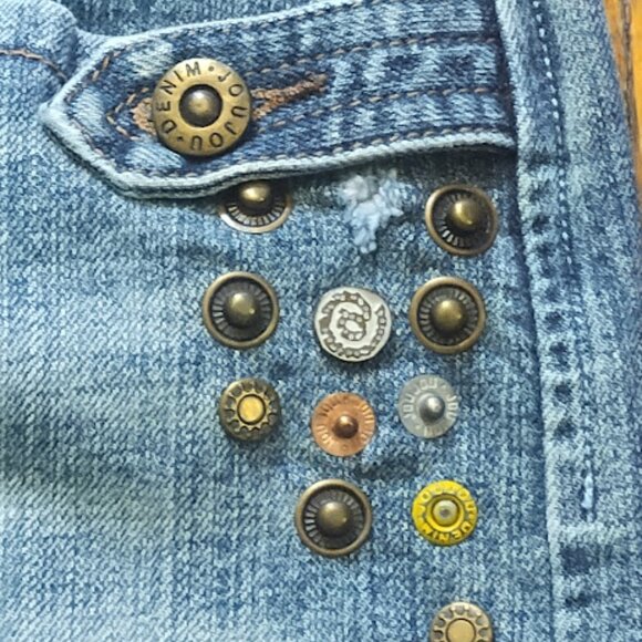 Jou Jou Skirt Women 30W (9/10) Stud Button Embellished Midi Denim Jean Whisker - Picture 5 of 15